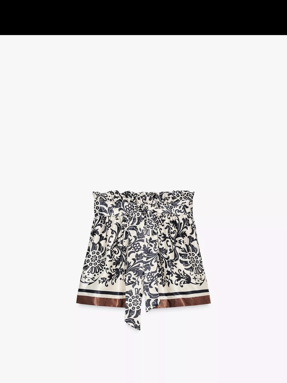 Zara High-Waist Floral Tie-Belt Shorts - White, Black & Brown Trim